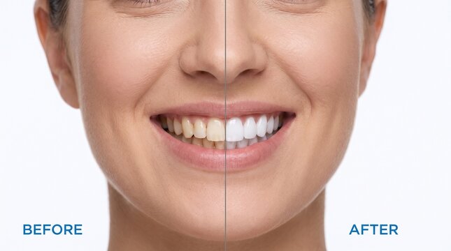 Split-screen portrait of a female smile before and after a cosmetic dentistry makeover