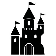 Fototapeta premium Elegant medieval castle silhouette vector illustration featuring tall stone towers with pointed roofs and floating flags suitable for creative fairy tale design projects