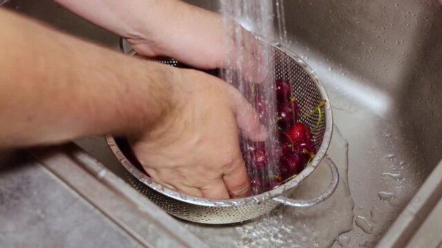 Close up video. 60 fps. Man turns on tap. Male hand washes raw ripe fresh red cherries in metal colander in kitchen sink under faucet with shower. Summer vacation, healthy farm food, harvest concept