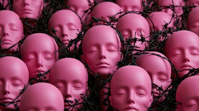 Close-up of multiple identical pink mannequin heads with closed eyes wrapped in black thorny barbed wire creating surreal and haunting visual pattern