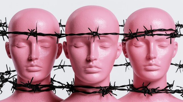 Three pink mannequin heads with closed eyes wrapped in black barbed wire symbolizing restriction, constraint, mental struggle, and emotional barrier concepts on white background