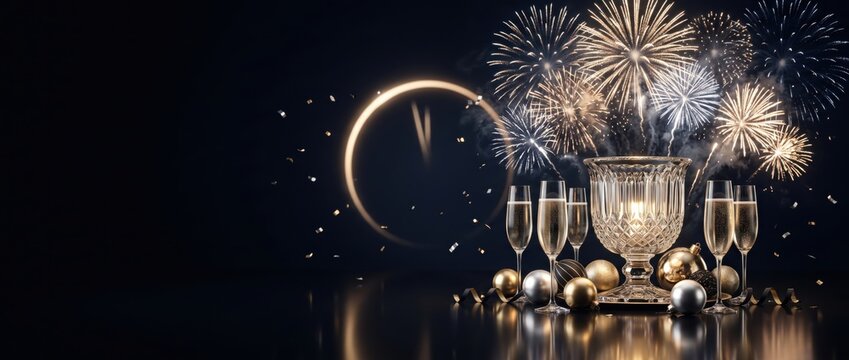 New year celebration scene with a glowing clock face, crystal champagne flutes, a decorative glass bowl, and golden and silver baubles set against a dark background, with exploding fireworks