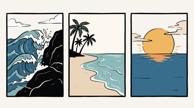 Three panel vector illustration featuring rocky ocean waves along with a tropical sandy beach and a beautiful sunset over water