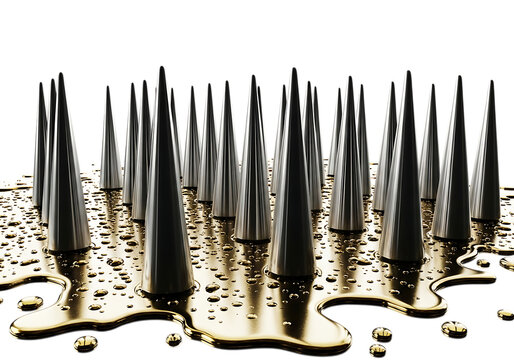 Collection of metallic spikes emerging from golden liquid reflective surface on transparent background metal pointed conical sharp gold