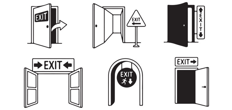 Door and emergency exit directional sign vector icon set vector illustrator eps10