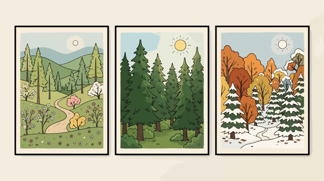 Three panels of seasonal forest vector illustration showing spring landscapes summer pine trees and snowy autumn woodland wall art decor