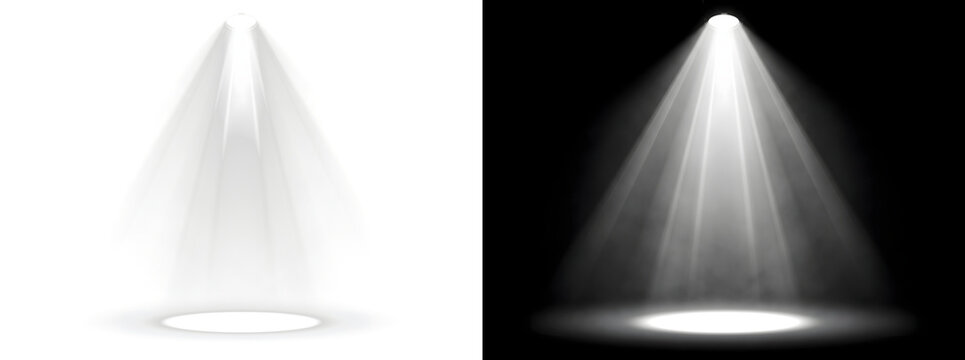 Spotlight Beam glowing white stage light cone illuminating the floor on black background including PNG, Transparent and Black Background Versions for theatrical designs