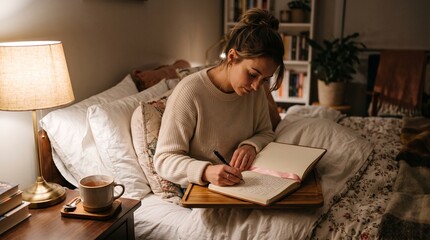 Fototapeta premium Young woman writing in journal in bed at night with warm lamp light and cup of tea