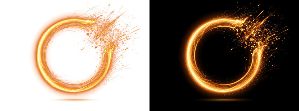 Fire Ring glowing golden circle with sparks and flame trail on black background including PNG, Transparent and Black Background Versions for creative projects
