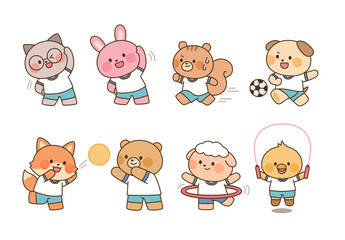 Obraz premium Cute animal characters exercising with soccer, running, ball games, hula hoop, stretching, and jump rope.