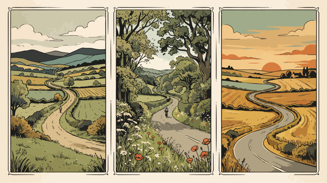 Three vertical panels showcasing winding countryside roads through lush green meadows and golden sunset landscapes in a stylized vector design