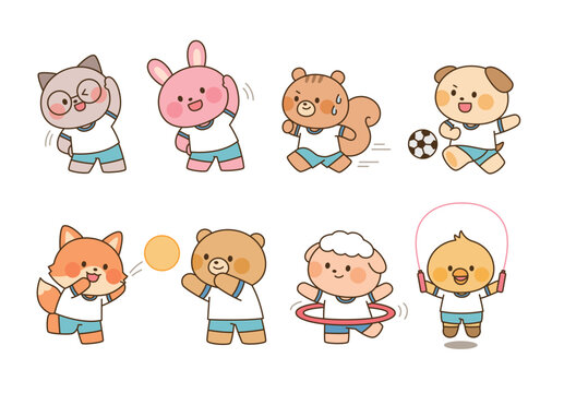 Cute animal characters exercising with soccer, running, ball games, hula hoop, stretching, and jump rope.
