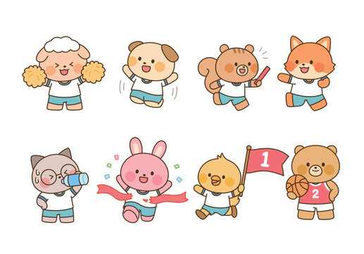 Cute animal characters enjoying sports day activities including cheering, racing, relay, basketball, and celebrating.