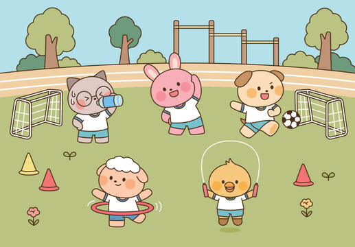 Cute animal characters exercising outdoors with soccer, stretching, hula hoop, jump rope, and fitness activities.