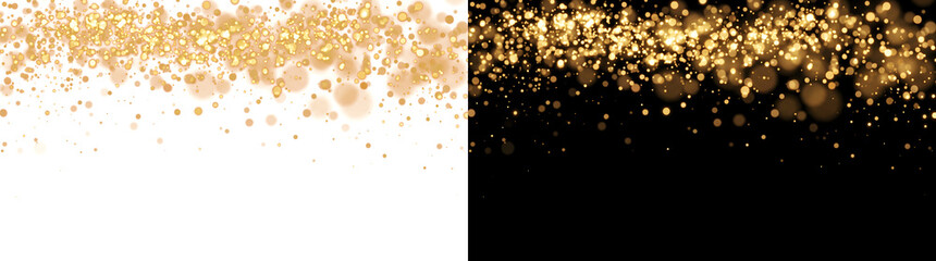 Falling Confetti glowing golden bokeh particles cascading downward on black background including PNG, Transparent and Black Background Versions for celebration designs © Nyxthrasza