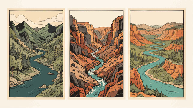 Three artistic vector illustrations depicting majestic winding rivers flowing through deep rugged canyons and lush green mountain forest terrain landscapes