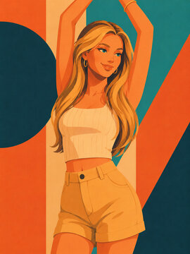 A confident blonde woman lifts her arms in a carefree pose, illustrated with sunlit orange tones and teal geometry to evoke nostalgic summer fashion and freedom.