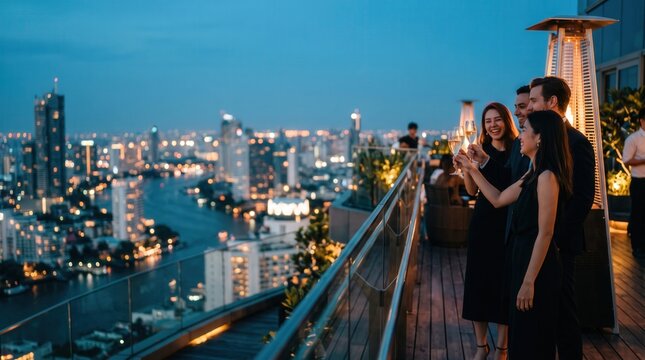 Friends raising champagne flutes for a toast on a luxury rooftop balcony. Friends celebrate at a terrace lounge overlooking a bokeh city skyline with urban lights and river at night.