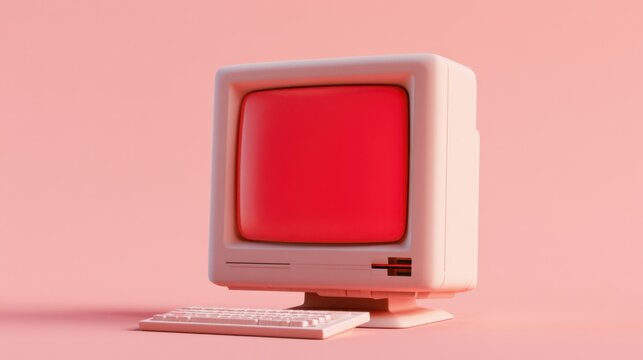 Retro vintage style computer monitor and keyboard with red screen isolated on pastel pink background minimal vintage technology concept