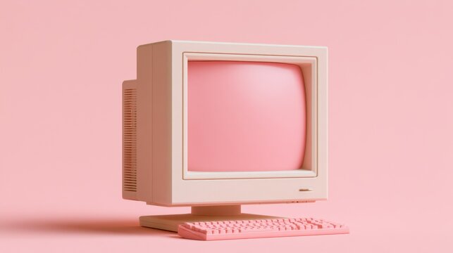 Retro style beige computer monitor and keyboard with pastel pink screen and background in minimal vintage technology concept with soft lighting and shadows