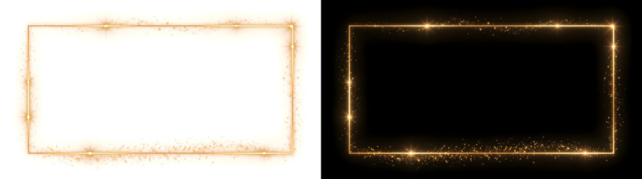 Golden Frame glowing rectangular border with sparkling star bursts and dust on black background including PNG, Transparent and Black Background Versions for elegant designs