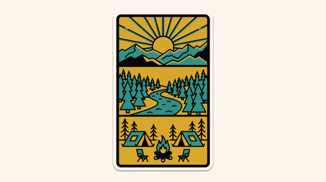 Stylized vector graphic illustration featuring a scenic mountain landscape with camping tents and a glowing campfire under bright golden sun