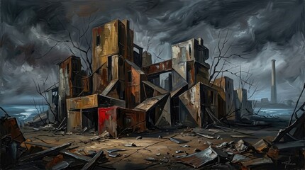 Fototapeta premium Abandoned industrial factory ruins decaying under dark moody storm clouds in an expressive oil painting style