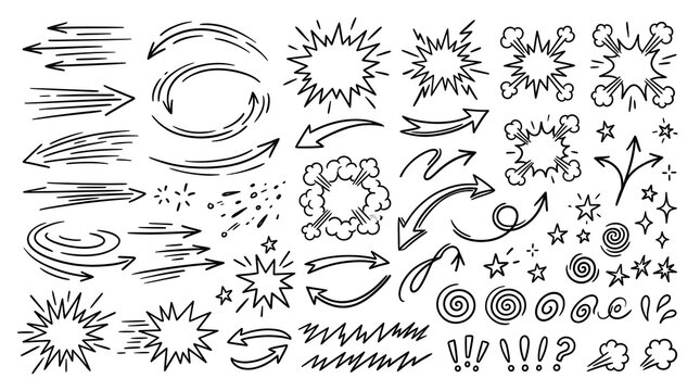 Hand Drawn Doodle Arrow and Motion Line Set - Sketchy Sparkle, Swirl, and Emphasis Elements