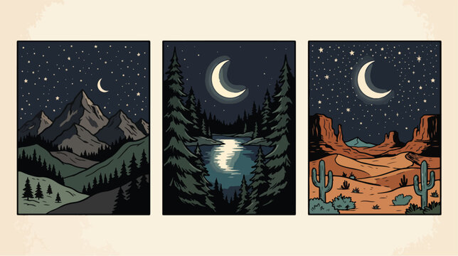 Retro styled vector graphic collection featuring starry night landscapes including mountain peaks, forest lakeside scenery, and arid desert saguaro cactus