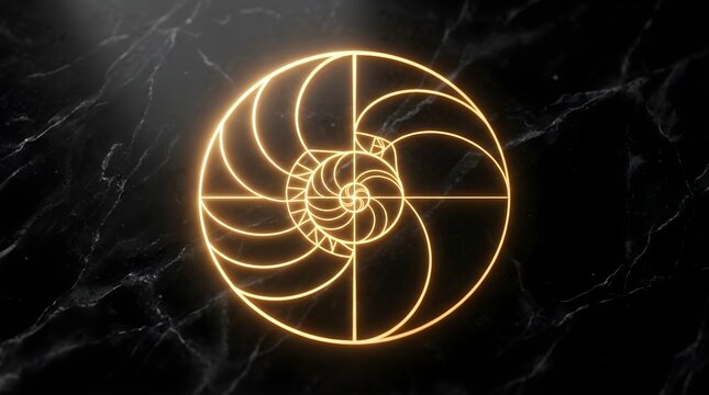 Golden ratio spiral glowing on a dark black marble stone texture background