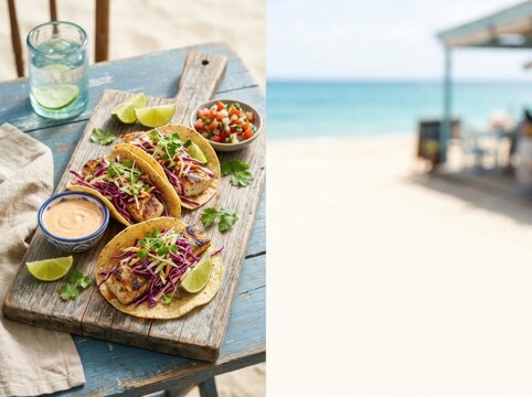 Three grilled fish tacos with red cabbage, cilantro, and lime on a rustic wooden board. Accompanied by salsa and sauce on a weathered blue table with a blurry beach background.