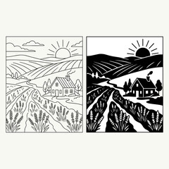 Naklejka premium Rural Landscape with Farmhouse and Fields Line Art and Silhouette