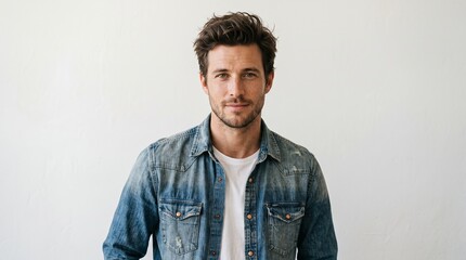 Obraz premium Portrait of a handsome young man with messy hair and stubble wearing a denim shirt over a white tshirt, looking at the camera, isolated on white background