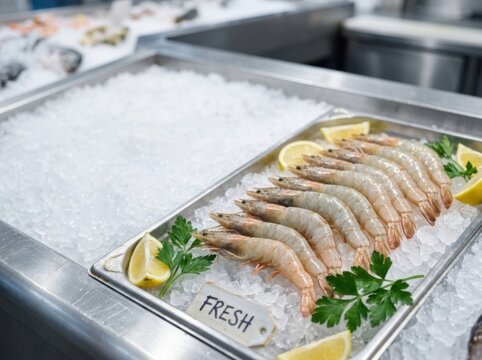Rows of fresh raw king prawns arranged on crushed ice in a stainless steel tray with lemon wedges and parsley garnish at a seafood market display counter with a fresh label tag.