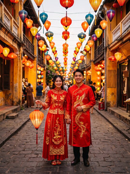 Vietnamese couple in traditional ao dai standing on a street lined with colorful lanterns in Hoi An