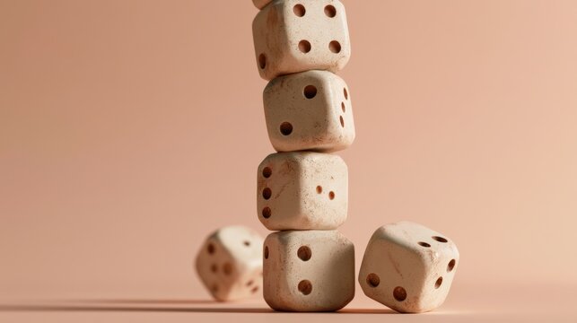 Close-up of beige wooden dice stacked vertically against soft pink background for games chance strategy and luck concept with shallow depth of field