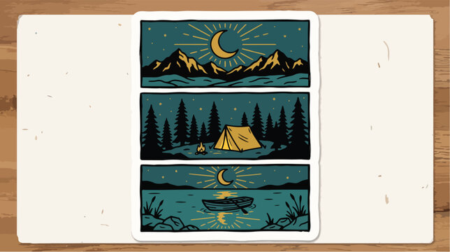 Camping vector illustration featuring three vintage style panels showing mountain landscapes a tent in pine woods and boat at night