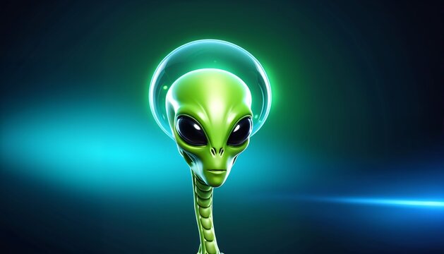 Green alien head with luminous halo on dark background