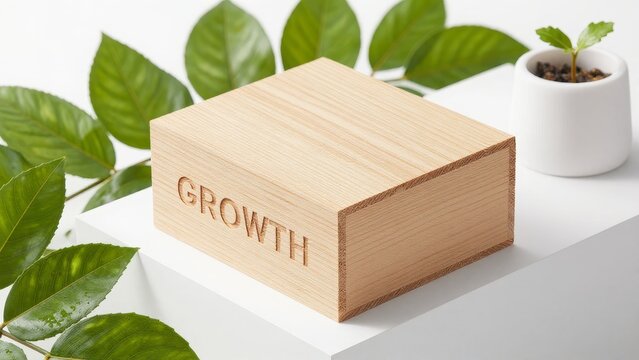 Wooden Block with Engraved Growth Message Surrounded by Greenery