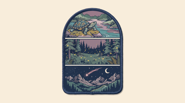 Turtle resting by a river with forest fireflies and starry mountain scenery displayed in a decorative vertical badge vector illustration
