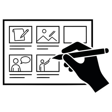 Hand holding stylus pen drawing storyboards on a digital tablet illustrating concept development for visual storytelling projects
