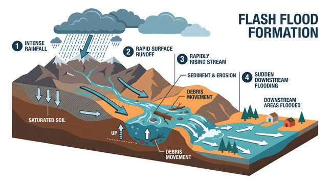 Flash flood formation diagram displays the geological progression from intense rainfall to surface runoff and downstream inundation in a cross-sectional landscape view.