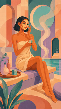 A relaxed woman in a towel enjoys a small cup of tea beside a colorful pool, surrounded by plants and modern spa decor in a warm, playful illustration.