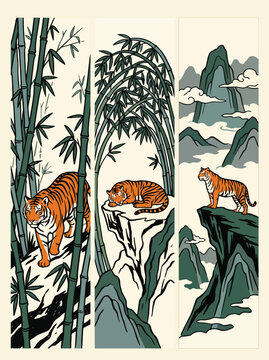 Ornate vector illustration featuring majestic tigers within traditional bamboo forests and misty mountain landscapes designed in a classic artistic style