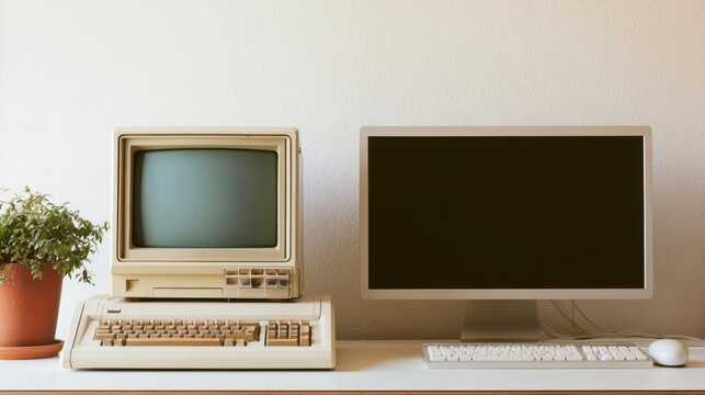 Vintage beige computer with built-in monitor and keyboard side by side with modern slim black flat screen monitor with white keyboard and mouse on white desk against plain wall