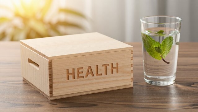 Wooden Box with Health Engraving and Glass of Water with Mint Leaf