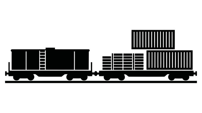 Monochromatic vector illustration depicting a freight train with various cargo containers and a boxcar, symbolizing modern rail transport and logistics graphic design.
