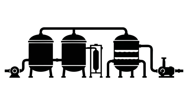 Industrial water treatment plant vector illustration depicting a complex purification system with tanks, pipes, and pumps for various liquid processing operations.