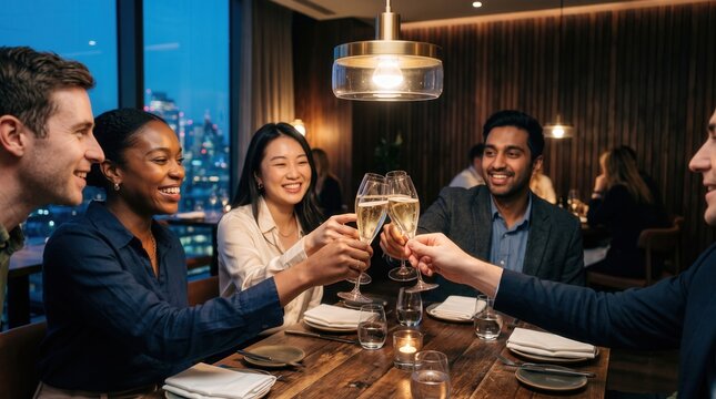 Diverse professionals clinking champagne glasses during a corporate dinner in a luxury restaurant. Professionals celebrate business success and networking with city view at night.