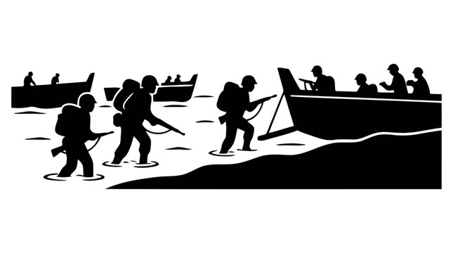Military vector illustration depicting soldiers in silhouettes disembarking from landing craft onto a beach during a wartime operation, showcasing combat and invasion design.
